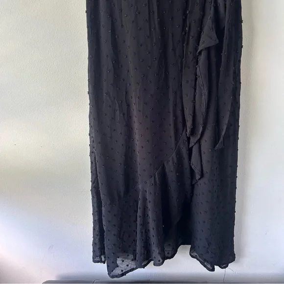 Monteau Ruffle Faux Wrap Midi Dress Flutter Sleeves Black Swiss Dot S - Picture 2 of 10